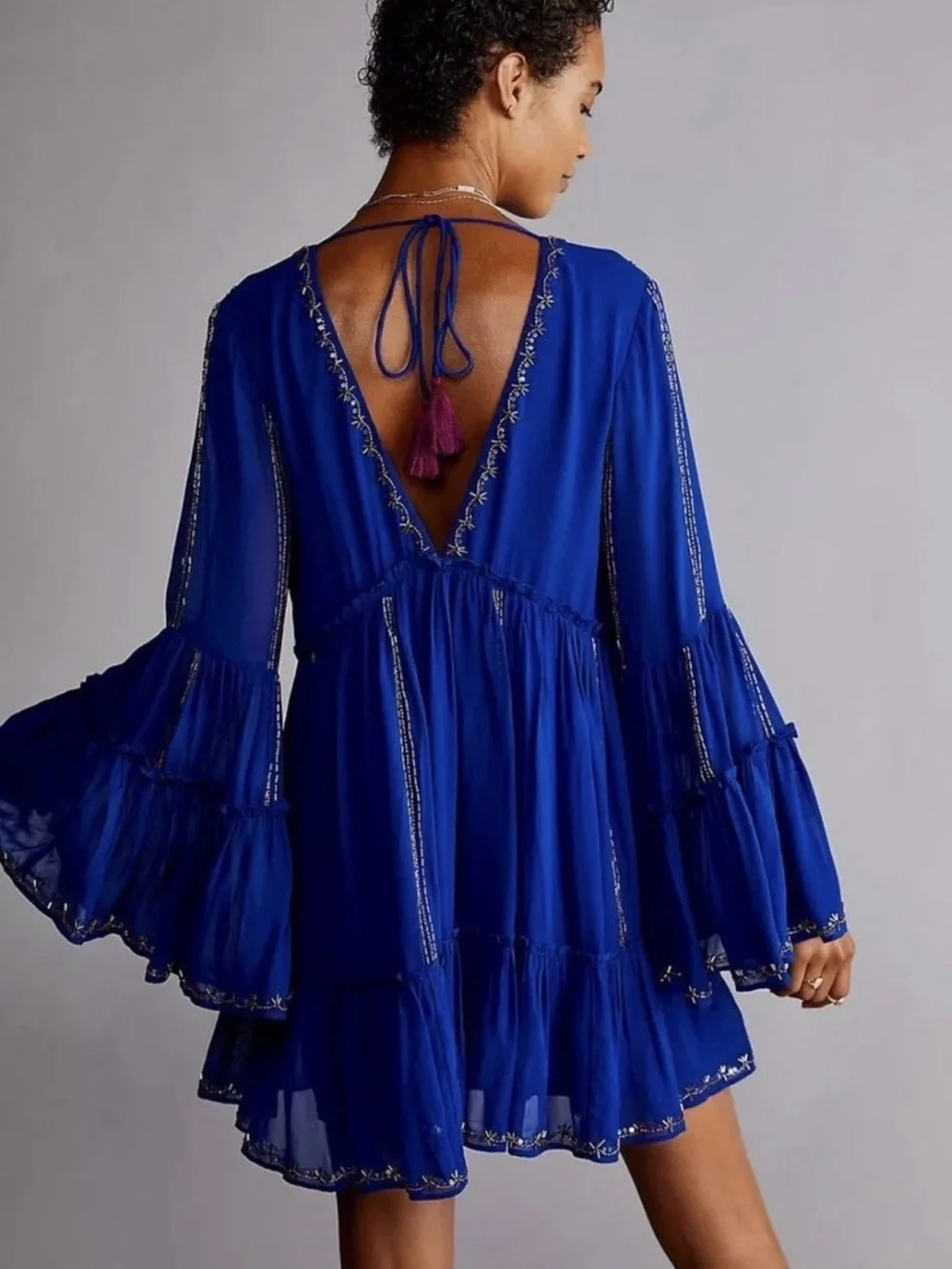 Free People Rare V-Neck Embroidered Mini Dress - Royal Blue XS